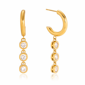 Drop <b>Earrings</b> 18K Gold Stainless Steel Round Zircon <b>Tassel</b> Bezel Setting Party Jewelry - Product Image 5
