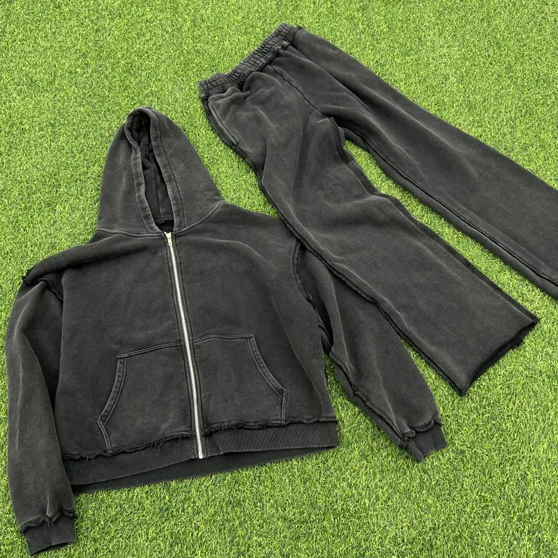 Individuelles schwergewicht-Säure-Wash klassisch boxy Hoodie-Set Trainingsanzug Baumwolle aufgeweitetes Sweatpants und Hoodies-Set