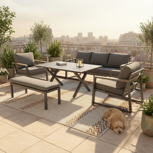 Ensemble de <span class=keywords><strong>salon</strong></span> et salle à manger moderne de 5 pièces, <span class=keywords><strong>table</strong></span> en aluminium, banc, canapé de <span class=keywords><strong>jardin</strong></span>, système de sièges, résistant aux UV, mobilier modulaire pour hôtel - Product Image 5