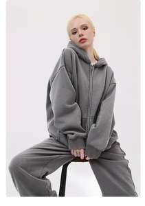 Sudadera con Capucha y Cremallera Personalizada para Hombre, Unisex, Venta al por Mayor, Estilo Holgado, Hombros Caídos, Gruesa para Invierno, Bordado 3D, Color Sólido - Product Image 2