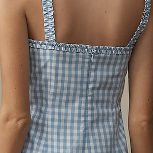 Robe mini en coton à carreaux pour femmes, robe sans manches à volants, robe décontractée pour l'été, style preppy, robe en coton à carreaux bleus - Product Image 5