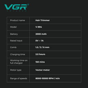 Recortadora de Pelo Profesional para Hombre <span class=keywords><strong>VGR</strong></span> V-994 con Cuchilla DLC y <span class=keywords><strong>Motor</strong></span> Vector de 8000-10000 RPM Recargable para Barbero - Product Image 6