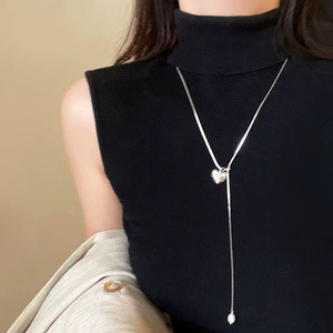 Silver Heart Pendant Necklace Tibetan Silver Long Chain For Women Daily Wear Gift Accessory - Product Image 3