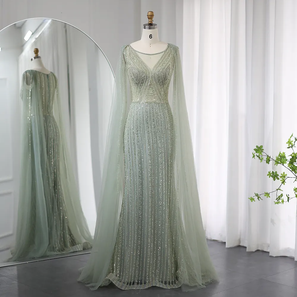 Jancember SZ086 Offre Spéciale vert clair à manches longues robe en dentelle paillettes sirène perlée robes de soirée