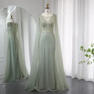 Jancember SZ086 Hot Sale Light Green Full Sleeve Long Gown Lace Sequined Mermaid Beaded Evening Dresses