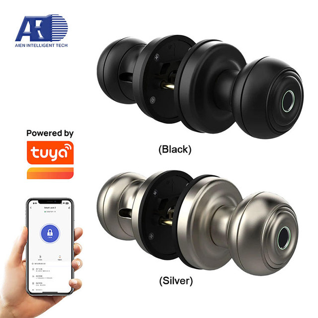 Matte Black Smart Fingerprint Unlock Wooden Door Knob One-Way Aluminum Door Lock with App Control for Home
