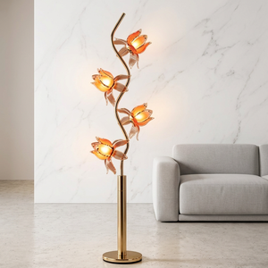 4-Head Lotus Ambient <b>Floor</b> <b>Lamp</b>, wavy golden stem, luminous acrylic flower <b>shade</b>, soft warm light <b>for</b> living room accents - Product Image 1