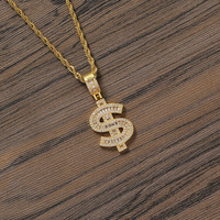CN353 Pendentif en laiton plaqué or/argent 18 carats avec signe dollar, zircon scintillant et chaîne corde, collier hip-hop pour homme