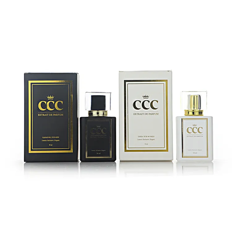 Garrafa de perfume de vidro personalizada, garrafa quadrada de vidro preto e branco de 50ml com tampa transparente dourada e caixa de embalagem de fragrância