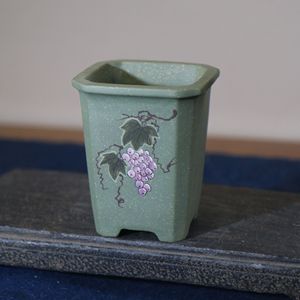Green <b>Clay</b> Square Bonsai <b>Pot</b> Handmade Grape Painting Chinese Style Desktop Planter - Product Image 3