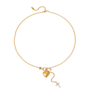 Collar con Colgante de Corazón, Chapado en Oro de 18K, Acero Inoxidable con Cruz y Engaste Pavé, Ideal para Regalo - Product Image 5