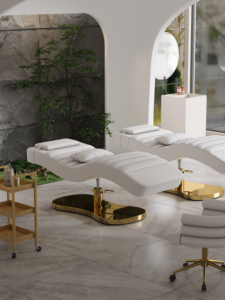 Lit de massage facial et spa de salon en cuir rose de haute qualité avec base dorée, lit cosmétique moderne de luxe réglable pour sourcils - Product Image 2