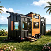 Mini-maison mobile sur remorque, revêtement en métal noir imitation bois, maison préfabriquée, caravane de voyage, bureau portable, villa à toit incliné