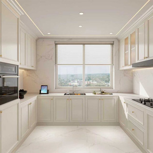 Meubles de cuisine de style français en forme de L, base en bois massif, armoire modulaire avec plan de travail en quartz pour cuisinière domestique - Product Image 1