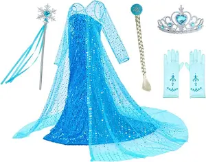 Meninas Neve Azul Princesa Vestido Traje De Luxo Lantejoula Festa De Aniversário Vestir Meninas 2-10 Anos