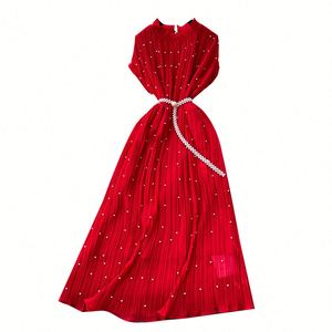 Vestido Midi Plisado Tipo Túnica Romana Tejida Sostenible de Verano 2025 para Mujer, Cintura Imperio, con Cuentas y Encaje, Transpirable - Product Image 5