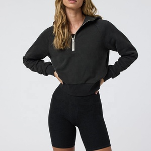 <span class=keywords><strong>Felpa</strong></span> oversize da <span class=keywords><strong>donna</strong></span> in cotone nero, manica lunga, pesante, in cotone biologico, crop top <span class=keywords><strong>con</strong></span> mezza zip. - Product Image 4