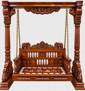 Élégante balançoire suspendue indienne de style temple Sagwan, avec sculpture d'éléphant complexe, mobilier d'extérieur traditionnel pour 2 personnes, tissu résistant 5 ans - Product Image 1