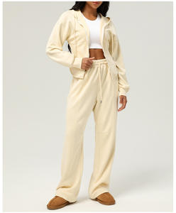 Setelan Olahraga Wanita Musim Gugur/Dingin Grosir 2 Potong, Setelan Sweatshirt Ritsleting dan Celana Olahraga Kaki Lebar - Product Image 2