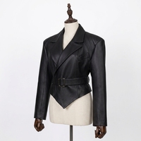 Blouson en peau de mouton véritable blanc cassé pour femme, col ouvert, écologique, anti-plis, uni, automne, court, ourlet asymétrique, ceinturé