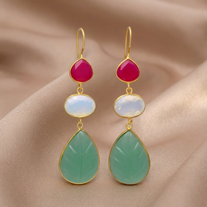 Nuevos Pendientes de Gema con Diseño de Cadena, Color Dorado, Plateado, Brillante, Opalita, Esmeralda, Fucsia, Chalcedonia, Estilo Étnico - Product Image 3
