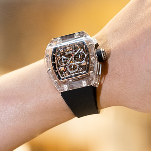 サファイアメンズメカニカルウォッチ、スケルトン化された発光ダイヤル、バレル型ケース、ブラックラバーストラップビジネスウォッチ。 - Product Image 4