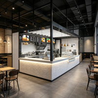 Comptoir de bar à café industriel de luxe léger personnalisé avec cadre en verre, kiosque multifonctionnel pour centre commercial, éclairage LED, facile à nettoyer, toutes tailles