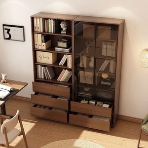 Bookcase With Glass Doors And <b>Drawers</b> Wood <b>Storage</b> Cabinet <b>For</b> Home Office Living Room Retro Style Bookshelf Furniture - Product Image 1