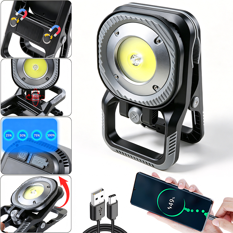 2026 New Solar Powered Super Bright COB Working Light Rechargeable Portable Magnetic Light with Stepless Dimming for Outdoor Use