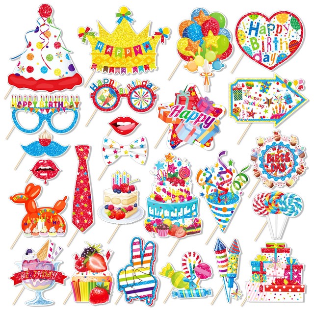 Huancai 25 PCS Colorful Birthday Photo Booth Props with Sticks Party Selfie Props Kit for Kids Happy Birthday Party Supplies