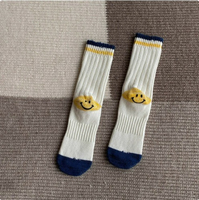 Chaussettes en coton pour femme, motif visage souriant, mi-mollet, tricotées à grosse maille, avec talon renforcé, rayures assorties