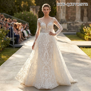 Tissu en dentelle de <span class=keywords><strong>tulle</strong></span> brodé de sequins, motif médaillon baroque symétrique blanc GCW-QCUV120772 pour studio de couture de créateur - Product Image 1