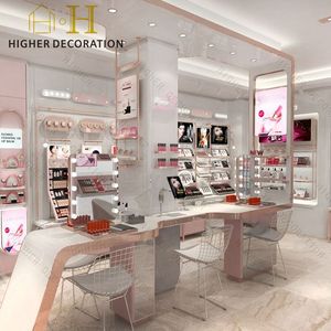 Moderno Exhibidor de Cosméticos Rosa y Blanco, Mueble de Tienda con Iluminación de Halo Morado para Tienda de Maquillaje - Product Image 6