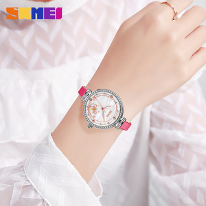 Skmei Women's Quartz Watch Rose Gold Dial Pink Leather Strap Diamond Case Elegant Casual Student Watch 10mm Thin - Product Image 3