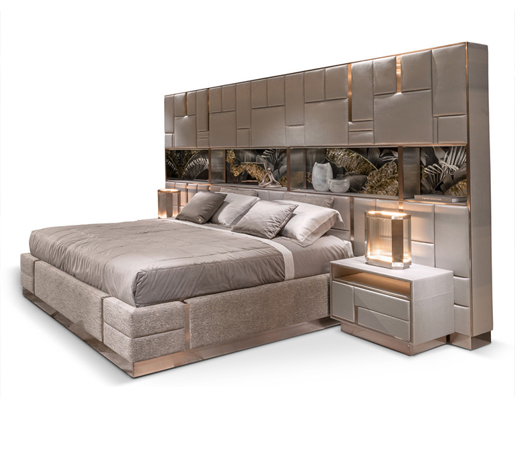 Роскошные двухспальные кровати с деревянной рамой, большой изголовье кровати, современная мебель для спальни, двуспальная кровать из натуральной кожи, 1 шт.