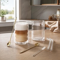 Ensemble de tasses à café en verre ondulé à double paroi, résistantes à la chaleur, avec paille en verre et brosse de nettoyage pour les boissons glacées au latte
