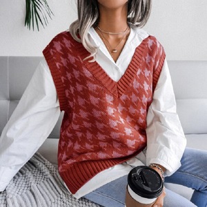 Chaleco de punto para mujer, otoño-invierno, diseño pata de gallo, sin mangas, corte holgado, <span class=keywords><strong>cuello</strong></span> en V, ribete acanalado, borde ancho, cómodo, suave, informal - Product Image 4