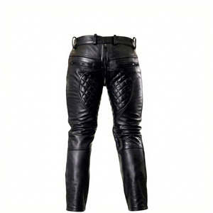 <b>Men's</b> Black <b>Leather</b> Moto Biker <b>Pants</b> High Waist Zipper Fly Straight Fit Midweight Woven Material Autumn Style - Product Image 3