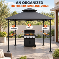Gazebo de jardin à quatre poteaux pour barbecue avec structure arquée, toit à double niveau et deux étagères latérales