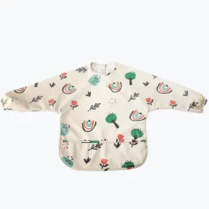 Pu Baby Lange Mouw Bib Met Pocket Peuter Lekvrije Slabbetjes Met Mouwen (6-24 Maanden) wasbare Baby Slabbetjes