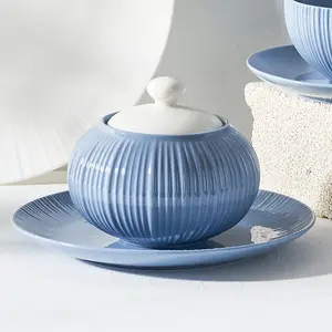 현대 주방 조미료 냄비 설탕 용기 블루 클레이 세라믹 설탕 그릇 설탕 냄비 뚜껑