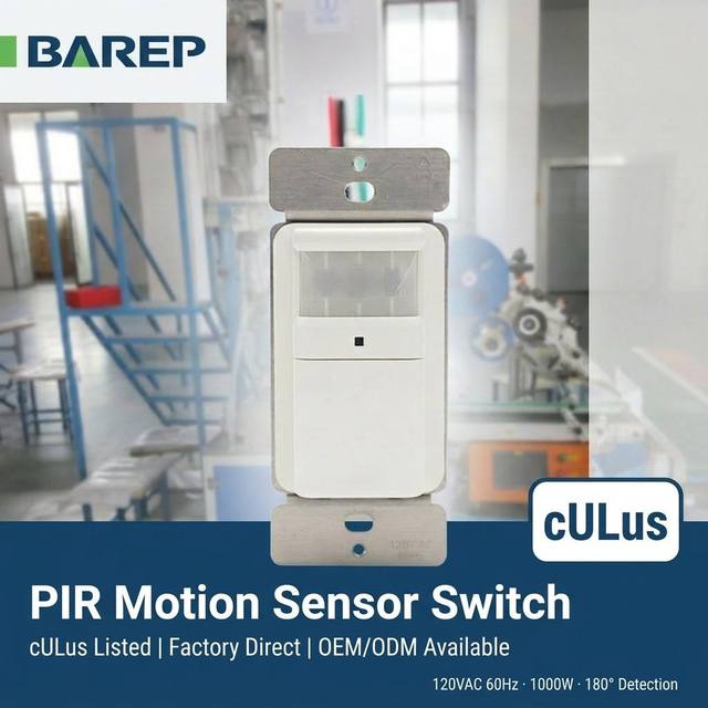 BAREP CULus Listed 120V PIR Occupancy Sensor Wall Switch with 180° Fresnel Lens Auto Manual Mode for US Hotel and Office