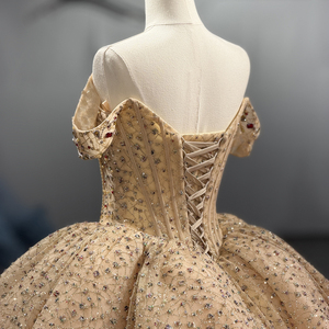 Dy1548 Shiny Gold Chiffon Quinceanera Ball Gown Lace Applique Natural Waistline Dress for <b>Sweet</b> 16 Draped <b>Party</b> Style for - Product Image 6