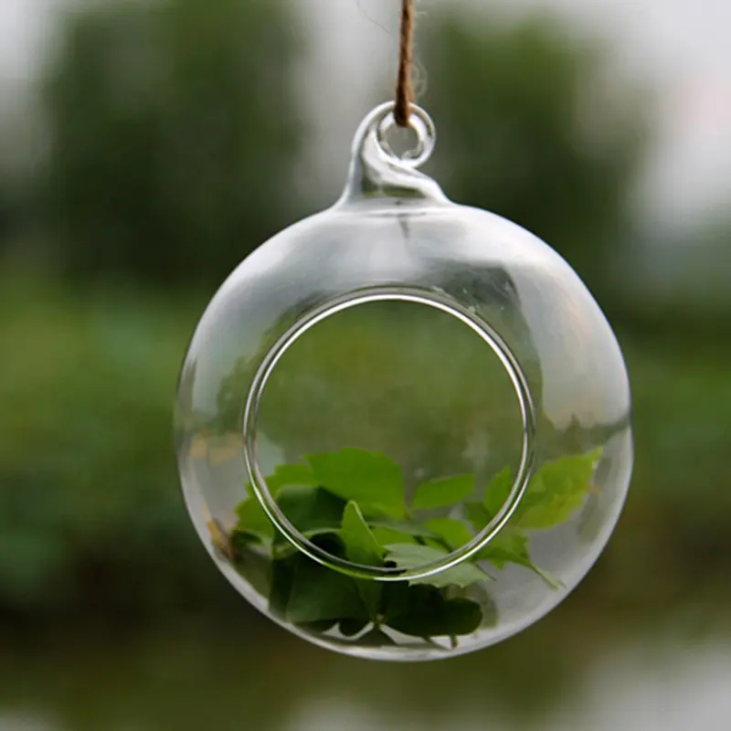 Vase en verre en forme de boule ronde soufflé à la main, porte-bougie suspendu en verre d'extérieur pour Terrarium