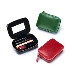 Carteras de cuero para mujer monederos logotipo personalizado cremallera cosmética promocional mini bolso de lápiz labial con espejo