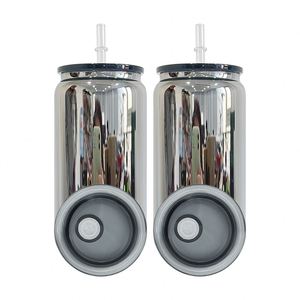 Verre canette 16oz pour bière et soda, aspect miroir métallique noir plaqué, avec couvercles en plastique, pour wraps UV DTF, entrepôt USA - Product Image 1