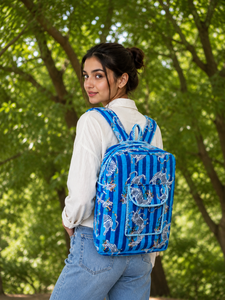 Blue Quilted 600D Oxford Student <b>Backpack</b> Tiger <b>Print</b> Zipper School Lightweight Foldable Detachable 15 Inches Travel - Product Image 1