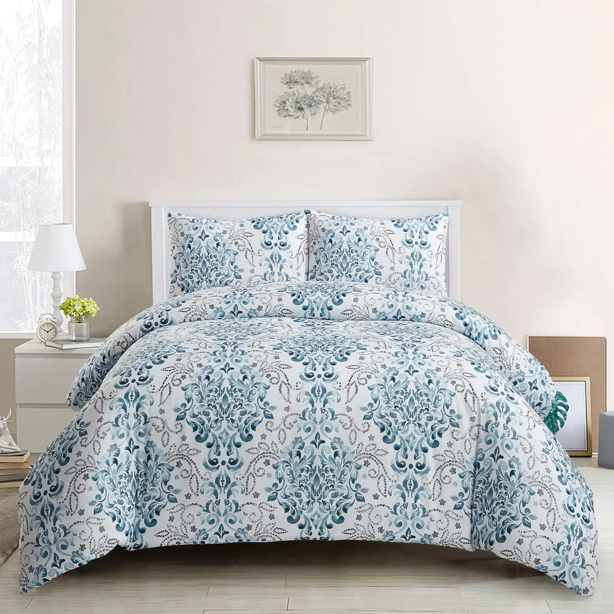 Home Textile Soft Duvet Bedding Set Hotel Custom Boho Bedding Sets Blue Damask Pattern King Size Duvet Cover Set 3 Piece