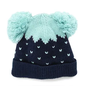 Girls Boys Jacquard Beanie Knit Winter Hat Cozy Lining Infant Toddler Double Pom Pom Ears Hats Toques Unisex Wholesale