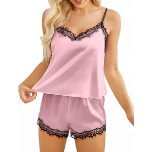 Elegante conjunto de dormir con cuello en V para mujer, en mezcla de seda y algodón, con top sin mangas y pantalones cortos a juego. - Product Image 1